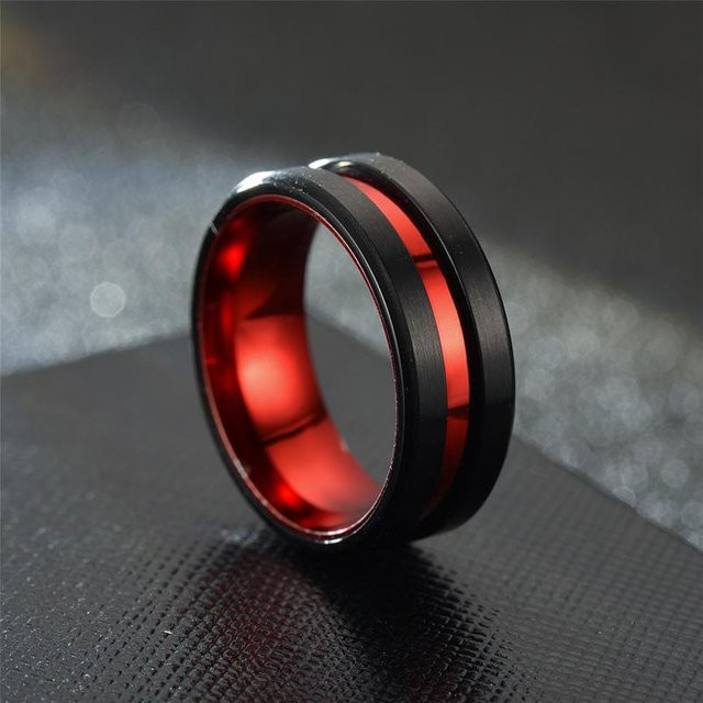 Ring Edelstahl, Schwarz, Gebürstet, Rote Rille, Herren - Bild 1