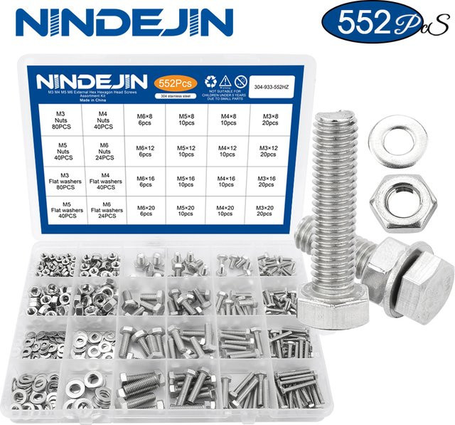 NINDEJIN Edelstahl Schrauben und Muttern Set, 552-teiliger Außensechskantschraubensatz in Silber, M3 M4 M5 M6, A2-70 Material - Bild 1