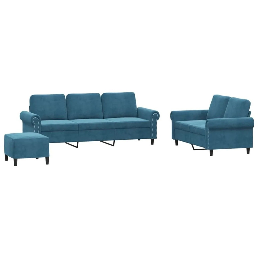 vidaXL 3-teilige Sofagarnitur aus Samt in Blau mit 3-Sitzer, 2-Sitzer und Ottoman inklusive Kissen - Bild 2