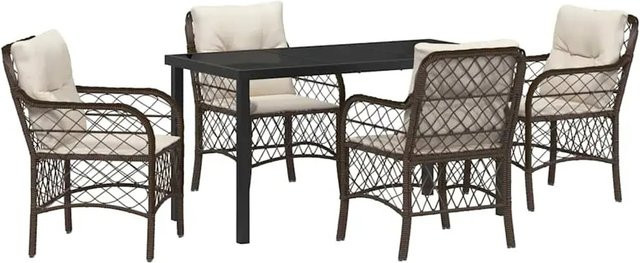 vidaXL Garten Essgruppe aus Poly Rattan mit Glasplatte und Kissen, 5-teilig, Braun/Creme-braun - Bild 1