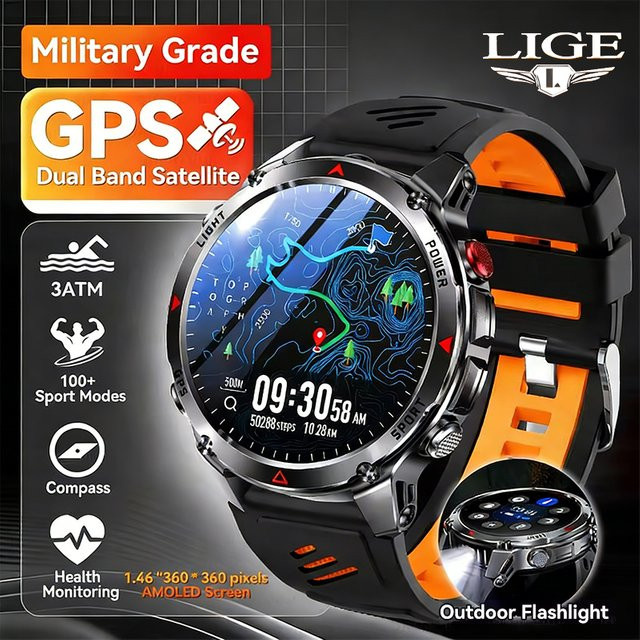 LIGE Smartwatch, GPS, 3 ATM, Silikon, Schwarz, Herren - Bild 1