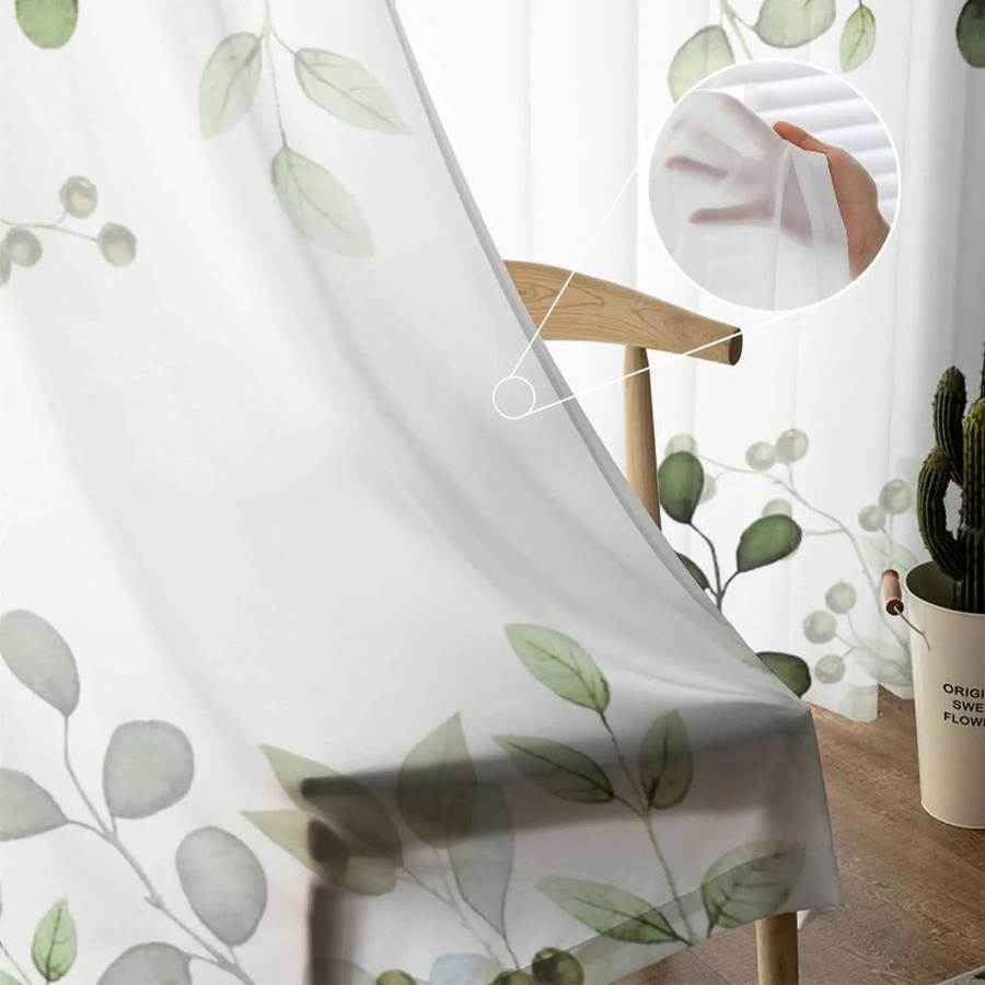 Yiran Furniture Transparentes Tüll-Voile Organza Vorhang mit abstraktem Blätter- und Zweigmuster in Salbeigrün, Breite: 135 cm, Höhe: 115 cm - Bild 2