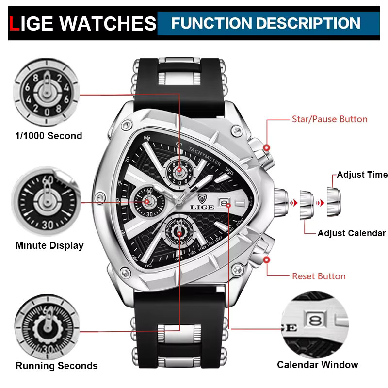 Lige Armbanduhr Chronograph, Quarz, Silikon, Blau, Herren - Bild 3