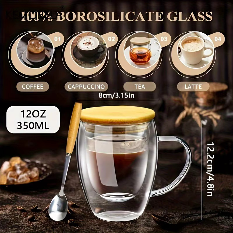 2er-Set KEMORELA Doppelwand-Gläser transparent mit Holzdeckel und Löffel, Kaffeebecher für Cappuccino und Espresso, 350 ml und 450 ml - Bild 5