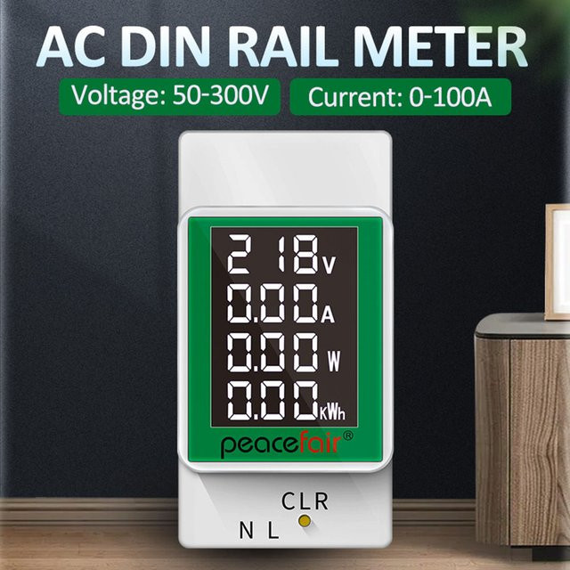 Voktta Multifunktions-Energiezähler AC50-300V 100A mit LCD-Digitalanzeige als DIN-Schienen-Amperemeter, Voltmeter und Wattmeter in Grün und Weiß - Bild 1