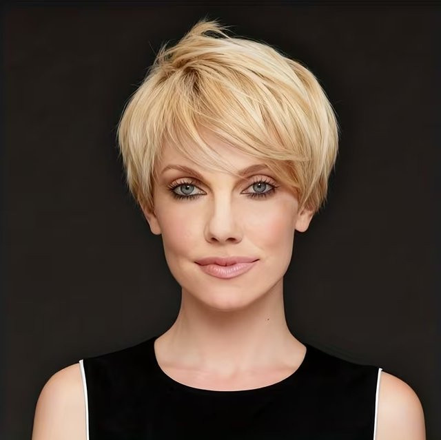 OYM HAIR Pixie-Perücke, blond, kurz, geschichtet, Echthaar, Damen - Bild 1
