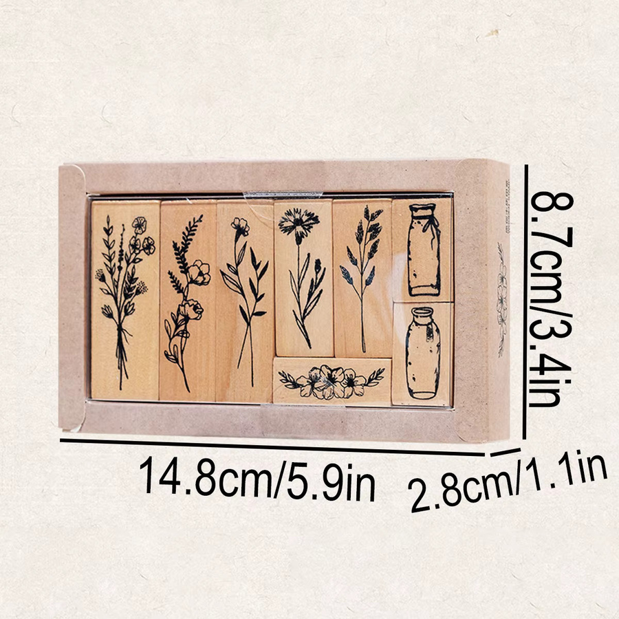 Set aus 8 Holzstempeln mit Retro-Pflanzenvasenmuster in Braun für Scrapbooking und DIY-Dekorationen - Bild 2