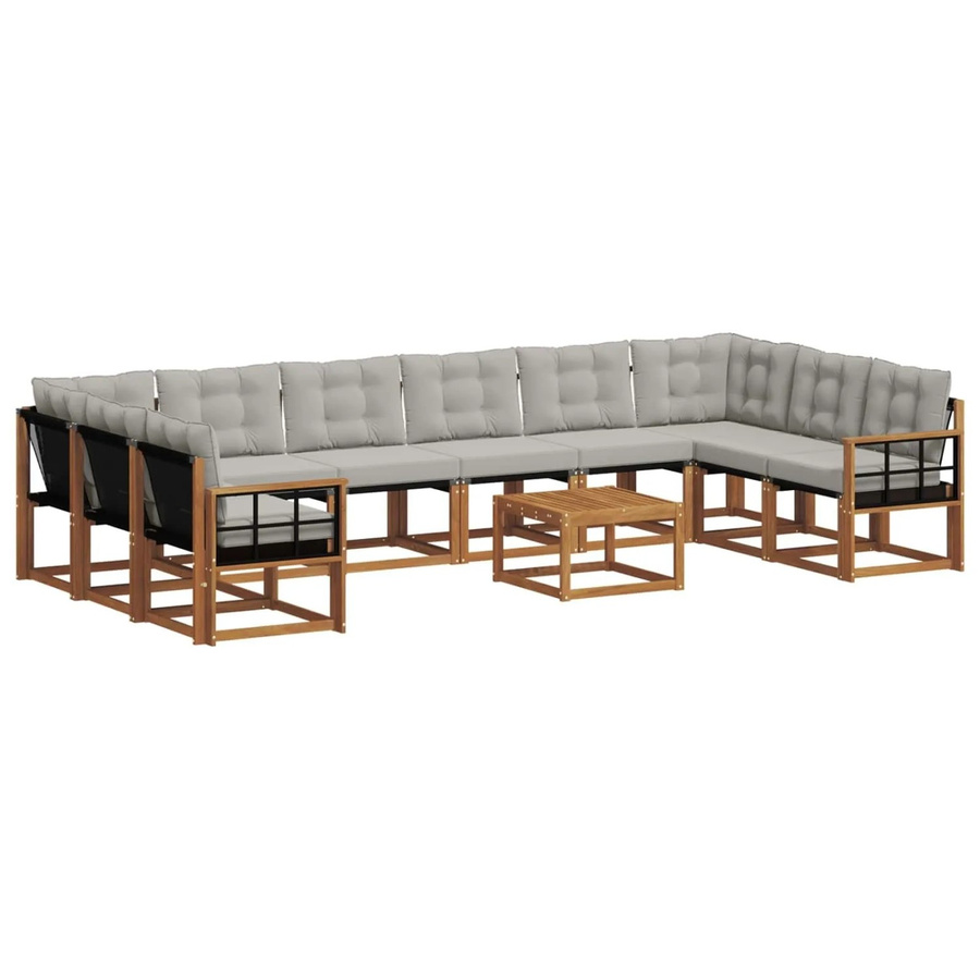 vidaXL Outdoor-Sofagarnitur aus Akazienholz in U-Form mit Textilene und Kissen, 11-tlg, Natur und Grau - Bild 2