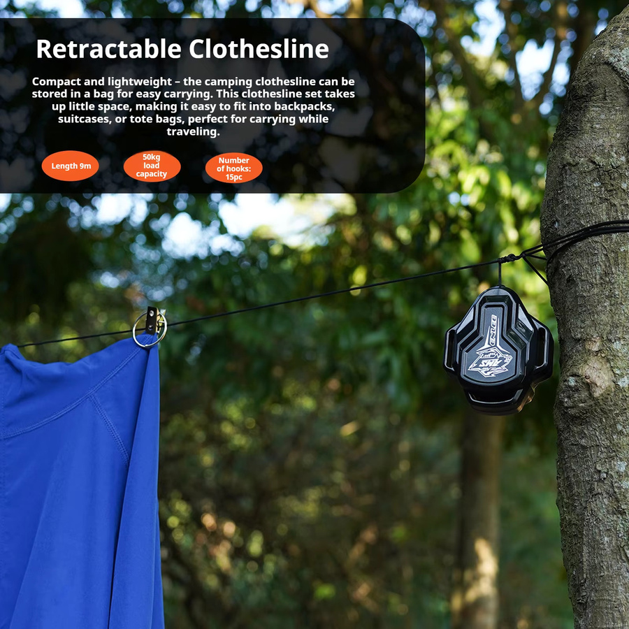 ENLEE Tragbare Outdoor Wäscheleine Schwarz, Einziehbares Camping Kleidungstrockenseil mit Klappgriff - Bild 2