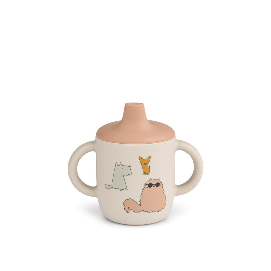Liewood Neil Sippy Cup Cats and Dogs in Sandy mit Deckel aus Keramik und Silikon - Bild 1