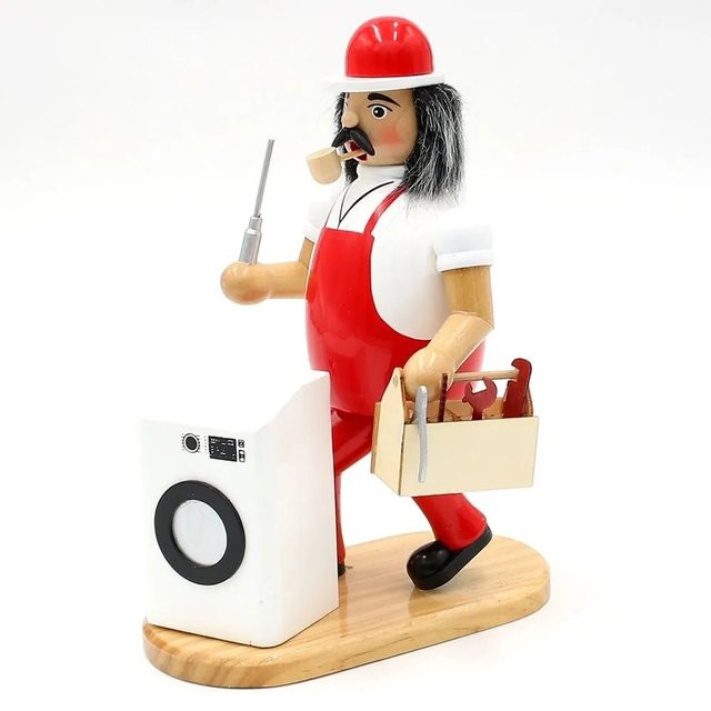Dekohelden24 Räuchermann Waschmaschinenmonteur mit Waschmaschine als Weihnachtsräucherfigur aus Holz, Farbe: rot/mehrfarbig, B/T/H: 11 x 15 x 20 cm - Bild 1