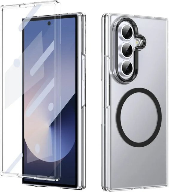 Magnetische Schutzhülle für Samsung Galaxy Z Fold7, Z Fold6, Z Fold5, Z Fold4 mit integriertem Ringscharnier und Metalllinse, transparent oder blau - Bild 1