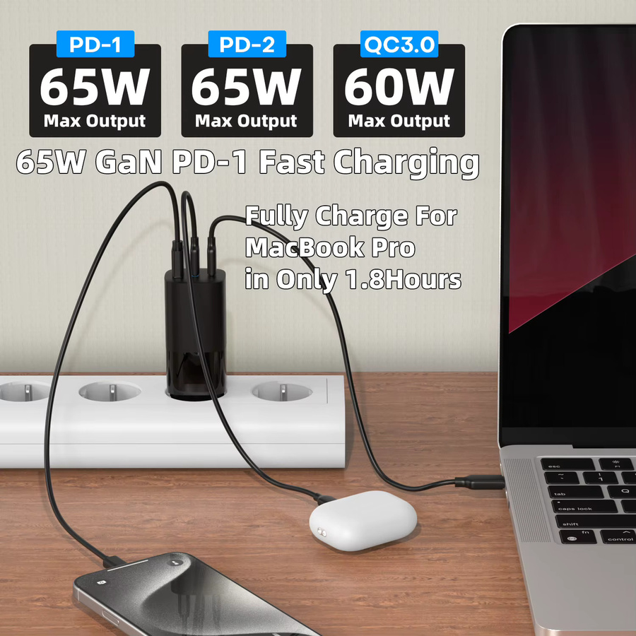 TOPADRE GaN 65W USB-C Ladegerät in Schwarz mit Schnellladefunktion PD3.0 QC4.0 QC3.0 für iPhone, Samsung und Laptop - Bild 3