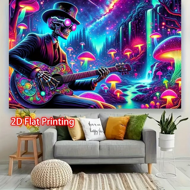 VIKAMA Fluoreszierender Totenkopf-Wandteppich mit psychedelischem Sternenhimmel und Galaxie, Wandbehang in Multicolour, Breite: 60 cm, Höhe: 40 cm - Bild 1