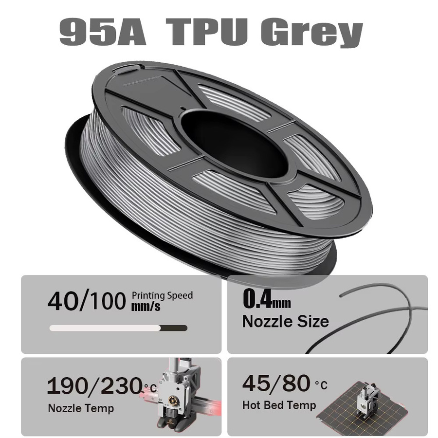 3D Maliang 95A-TPU Filament für FDM 3D-Drucker, 1,75 mm, Grau, 2 Rollen à 500 g (Gesamtgewicht: 1 kg) - Bild 4