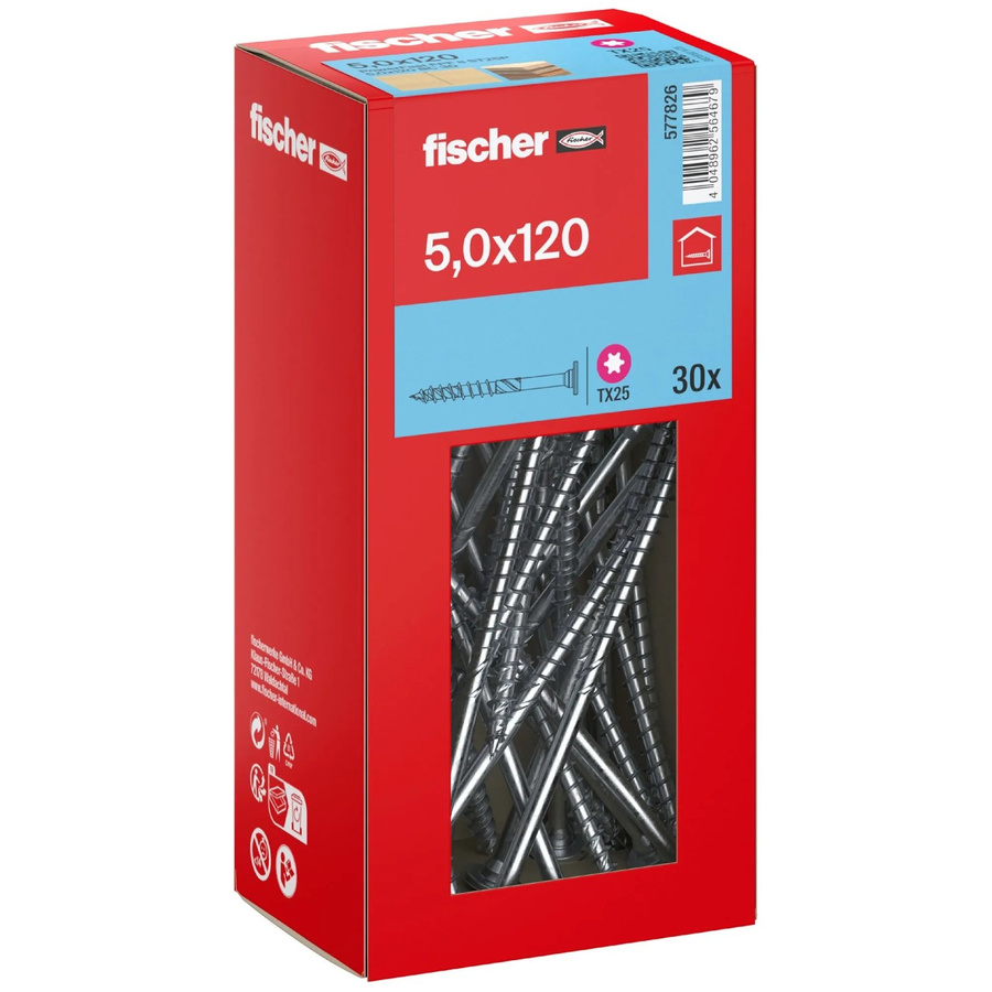 Fischer Holzbauschraube mit Stufensenkkopf und Torx TX25, verzinkt, Durchmesser: 5 mm, Länge: 120 mm, 30 Stück - Bild 2
