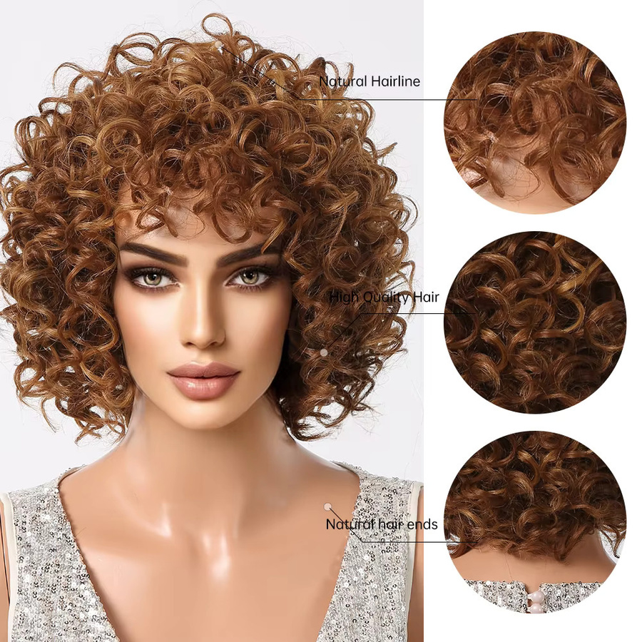 Kinky Curly Bomb Synthetische Perücke, Bob, Goldbraun, mit Pony - Bild 4