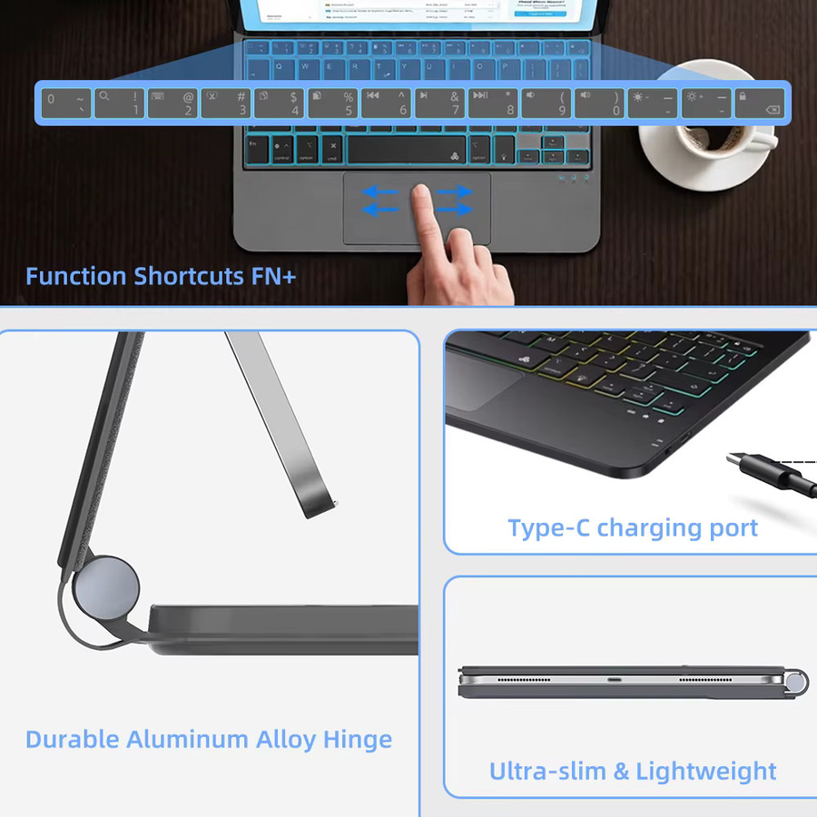 qukam Premium Tastaturhülle für iPad mit kabellosem Trackpad und Hintergrundbeleuchtung, Magnetische Abdeckung für iPad Air und Pro, erhältlich in Schwarz oder Weiß - Bild 4