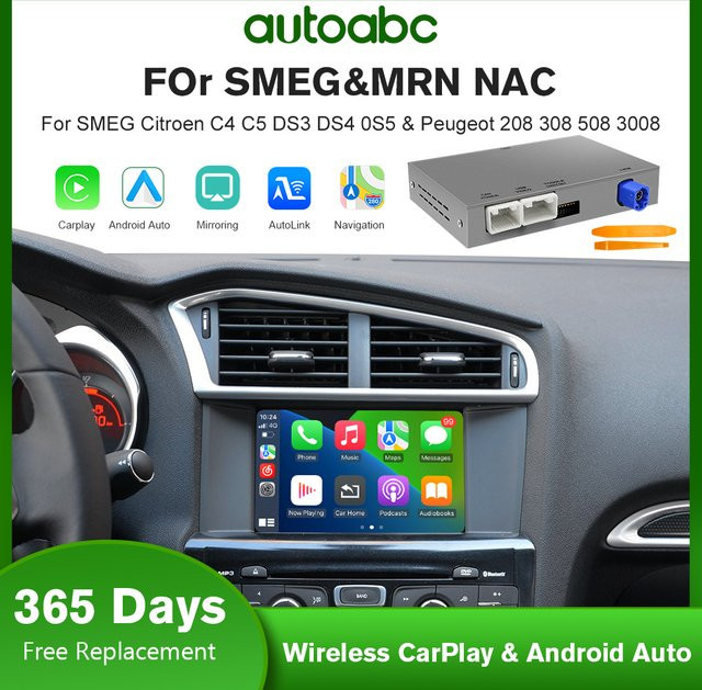 AUTOABC Drahtloses CarPlay und Android Auto Modul für Peugeot 208 308 508 3008 sowie Citroen C4 DS3 DS4 DS5 mit SMEG und MRN Unterstützung und Mirror Link via Bluetooth - Bild 1