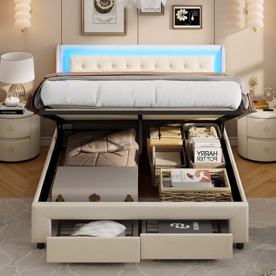 Anajqaqia Doppelbett mit Stauraum aus Samt in Beige, B/T: 160 x 200 cm - Bild 4