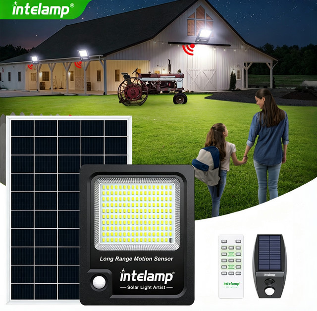 intelamp Solar-Flutlicht für den Außenbereich mit 12000 mAh Akku, Schwarz, mit großem Solarpanel und 5 m Kabel für Garten und Hof - Bild 1