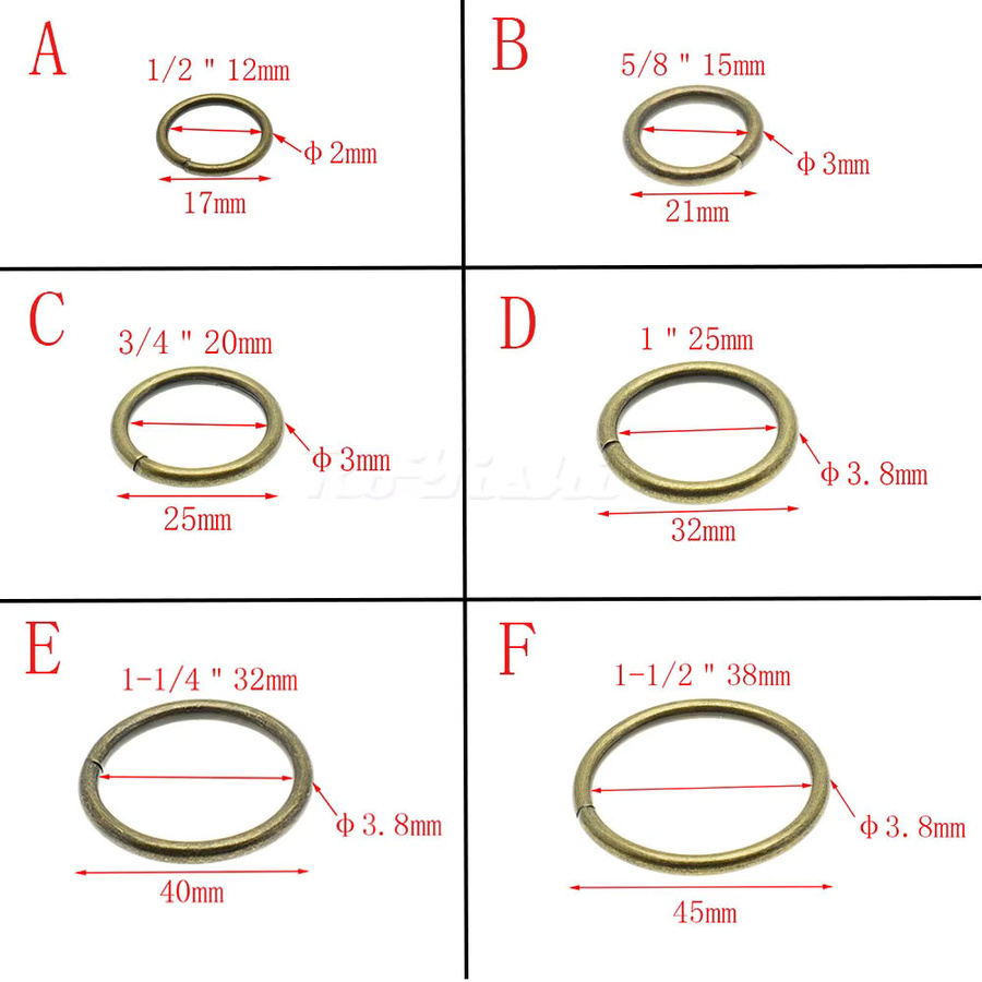 HSDOUBLE 5er Paket Nickel Überzogene Metall O-Ringe als Runde Kragen Loops für Gürtelschnallen in Gold, Durchmesser: 12 mm bis 38 mm - Bild 1