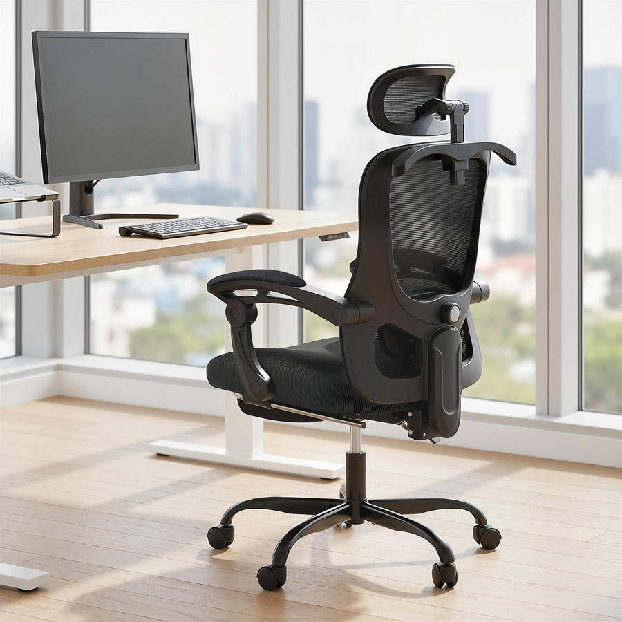 HOMCOM Ergonomischer Bürostuhl in Schwarz mit verstellbarer Kopfstütze, Lendenstütze, Fußstütze und Wippfunktion für Home-Office und Erwachsene - Bild 2