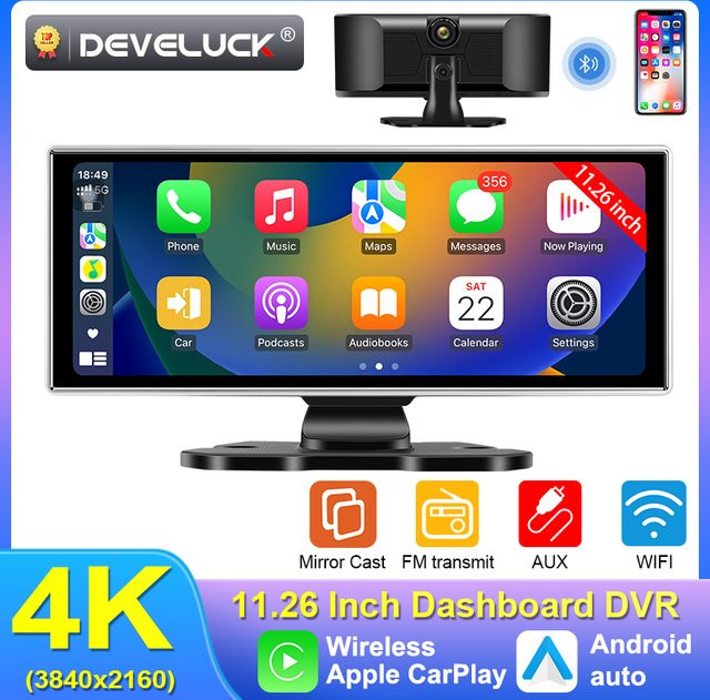 Develuck 4K Dash Cam mit 11,26 Zoll Monitor, Rückfahrkamera, Wireless CarPlay und Android Auto, Dual Objektiv, GPS und Bluetooth, Schwarz - Bild 1