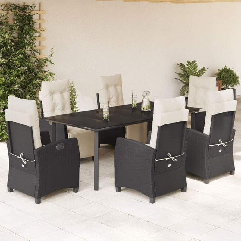 Vidaxl Gartenmöbel-Set aus Polyrattan mit Kissen und Glastisch, 7-teilig, Schwarz - Bild 1