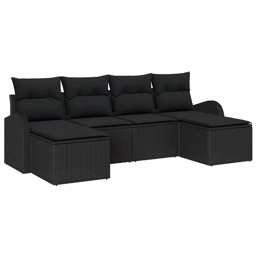 vidaXL Garten-Sofa-Set aus Poly-Rattan in Schwarz mit Kissen und Fußhockern, 6-teiliges U-Shape Lounge-Set mit Metallrahmen und UV-beständigen Polstern - Bild 2