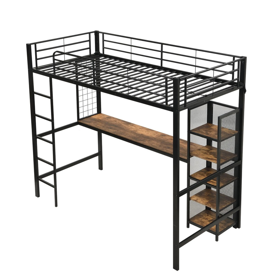 okwish Hochbett für Kinderzimmer mit Tisch und Regalschrank, Schwarz und Braun, B/T/H: 204 x 90 x 149,5 cm - Bild 2