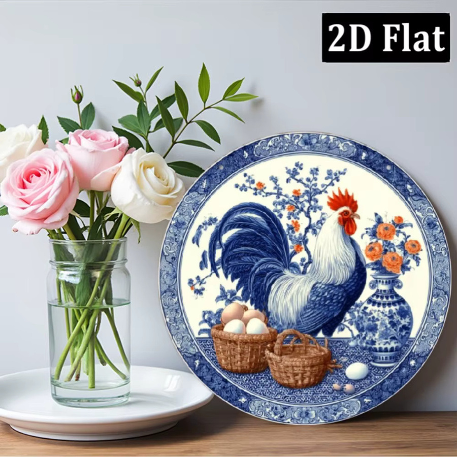 CIFBUY Rundes Metallschild Vintage Blauer Hahn mit Blumenmuster und Ei-Motiv, Durchmesser: 20,32 cm - Bild 6