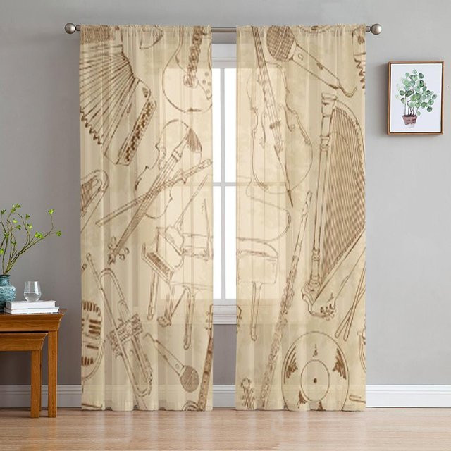Super Six Retro Chiffon Vorhang mit Musikinstrumenten Motiv, transparent, Breite: 135 cm, Höhe: 114 cm - Bild 1