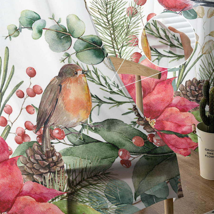 Transparente Weihnachts-Vorhänge mit Eukalyptus, Beeren und Rotkehlchen für Kinderzimmer und Wohnzimmer, B: 135 cm, H: 114 cm - Bild 2
