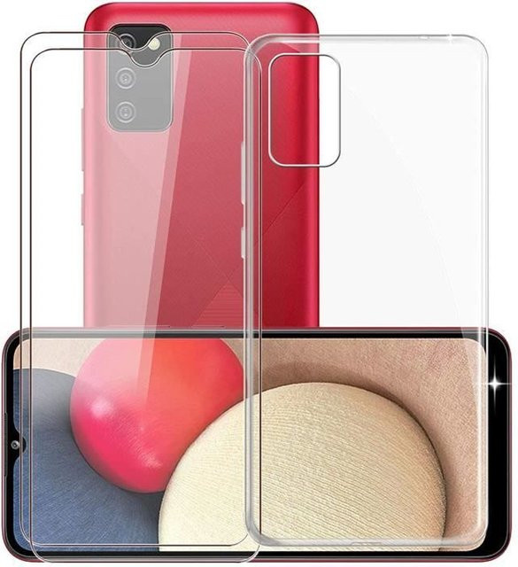 Samsung Galaxy A02s Schutzset aus transparenter Silikon TPU Hülle und 2 Stück gehärtetem Glas zum Schutz vor Stößen und Kratzern - Bild 1