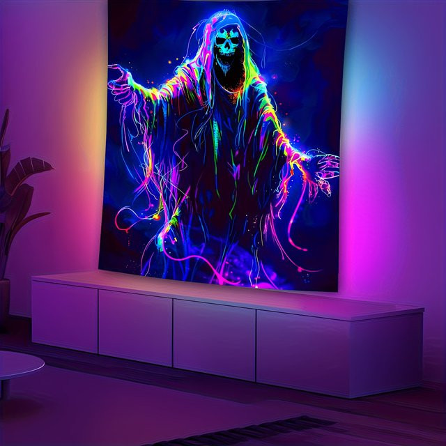 VIKAMA Halloween Cyberpunk Neon Totenkopf Wandteppich, Mehrfarbig, B/H: 60 x 40 cm - Bild 1