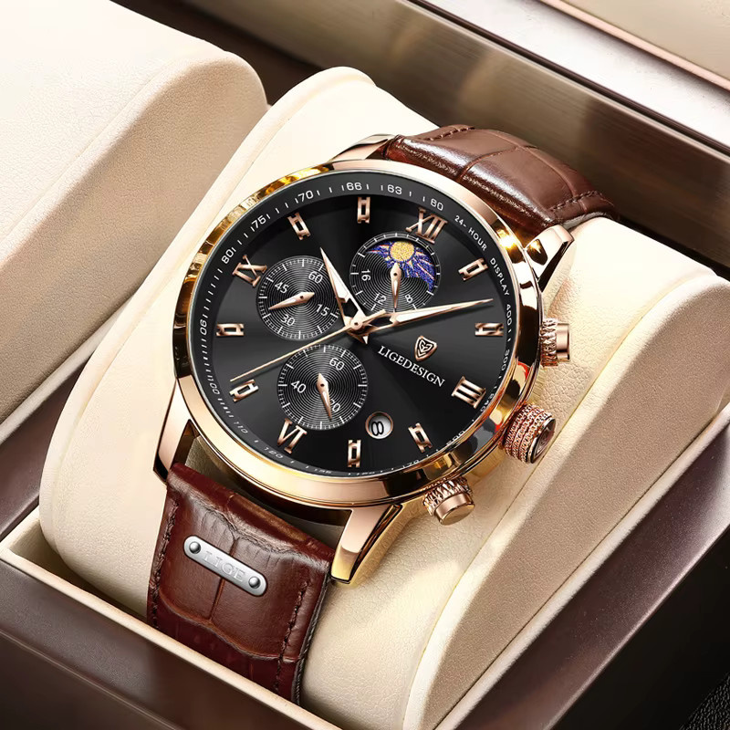 LIGE Armbanduhr Herren, Quarz, Chronograph, Leder, Schwarz, Roségold - Bild 2