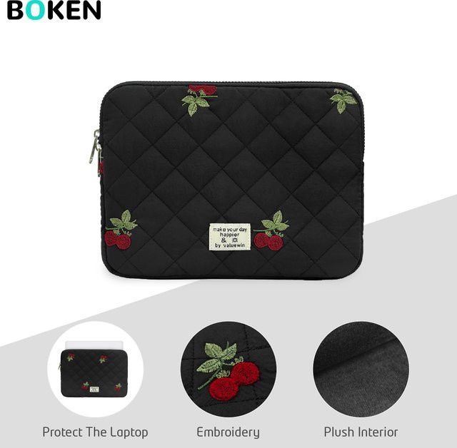 BOKEN Bestickte Laptop-Tasche mit weicher Plüsch-Fütterung für MacBook Air/Pro, Lenovo, Surface und Dell Notebooks, Farbe: Schwarz - Bild 1