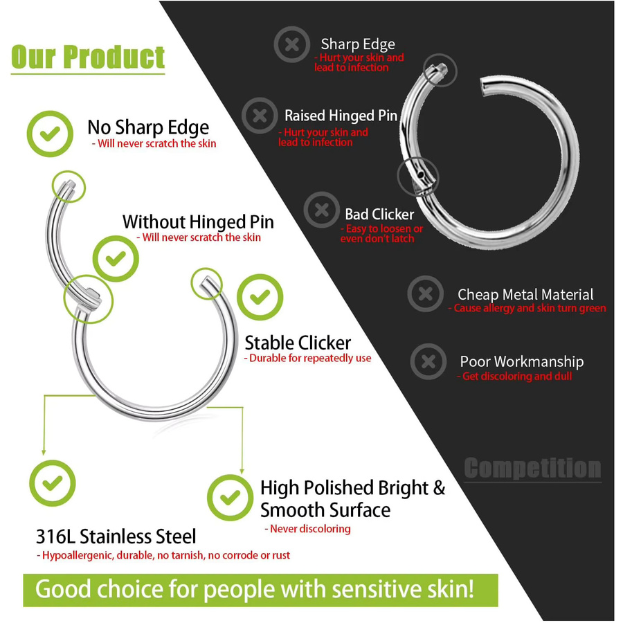 SUPTOP Nasenring Hoop, Zirkonia, Edelstahl, Silber, Unisex - Bild 3