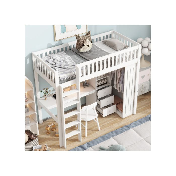 MUVOE Hochbett für Kinder in Weiß mit integriertem Schreibtisch, Schrank mit 3 Schubladen und sicherer Treppe, Material Kiefer und MDF, B/T/H: 90 x 200 cm - Bild 2