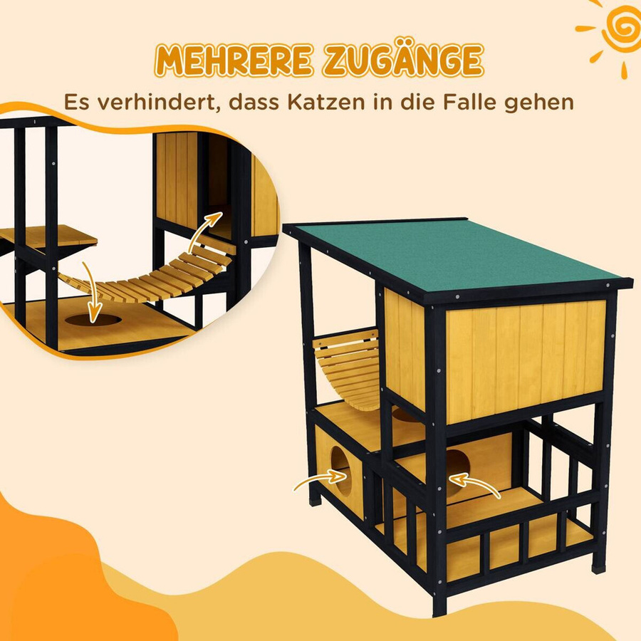 PawHut Outdoor-Katzenhaus aus Kiefernholz und Tannenholz, wetterfest mit erhöhtem Boden, Gelb-Schwarz, B: 60 cm, T: 84,5 cm, H: 88 cm - Bild 5