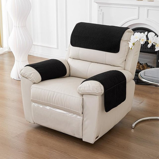 3er-Set dehnbarer Fleece Sofa-Armlehnenbezug mit Taschen und Kopfstütztuch, rutschfest, Schwarz - Bild 1