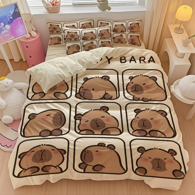 Capybara Bettwäsche Set aus Mikrofaser mit Bettbezug und Kissenbezug, Farbe: Beige, B/H: 200 x 200 cm - Bild 1