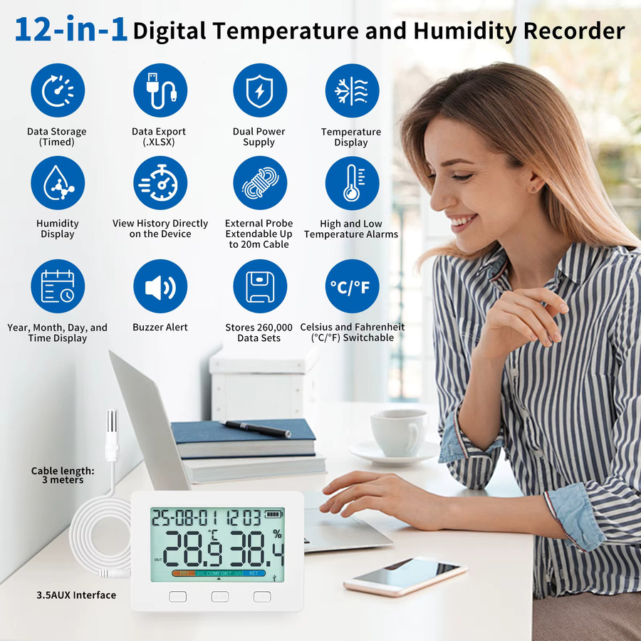 WEIRU TW21 USB Temperatur- und Feuchtigkeitsrekorder mit zwei Sensoren in Weiß - Bild 3