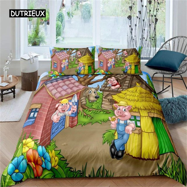 Kawaii Schweinchen Bettwäsche Set mit floralem Design aus Polyester, 3-teilig, B/H: 155 x 215 cm - Bild 1