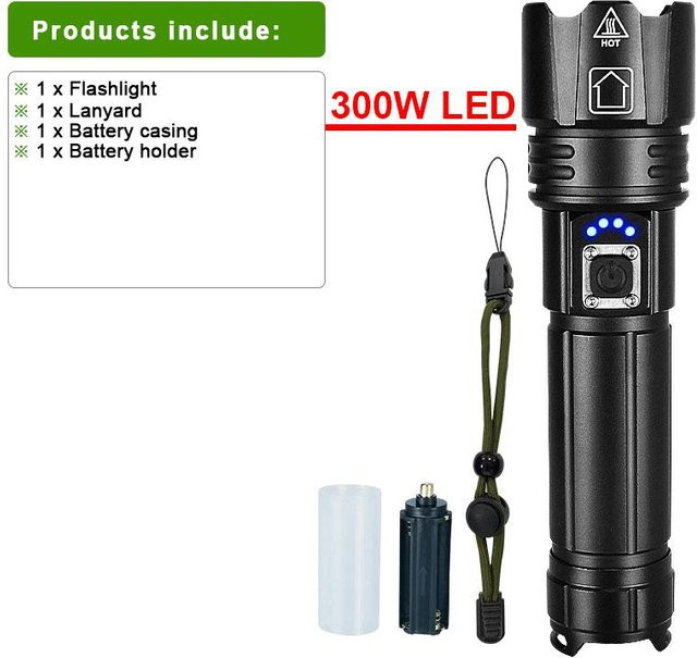 Pawell Hochleistungs-Taschenlampe mit 300W LED, aufladbare Zoom-Taschenlampe in Schwarz - Bild 1