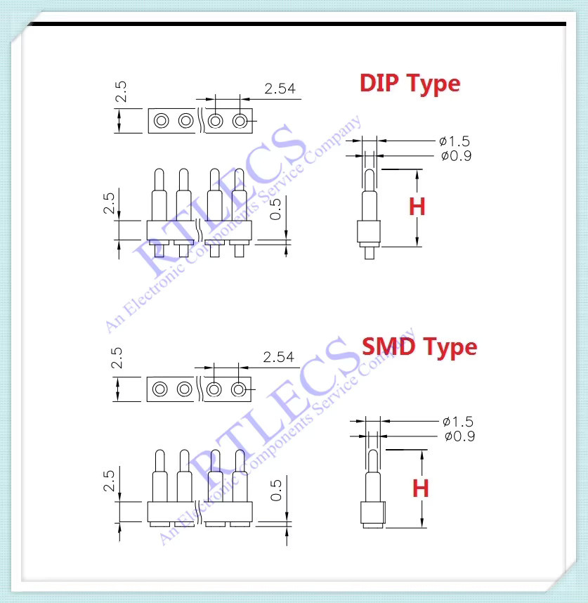 RTLECS Pogo-Pin-Stecker männlich, einreihig, 2,54 mm Rastermaß, TH DIP SMD-Pad, 2 Stück - Bild 1