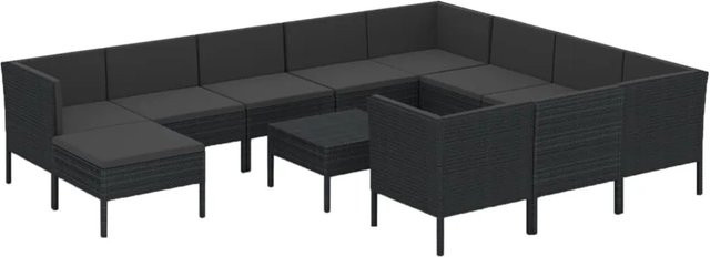 vidaXL 12-tlg. Garten-Lounge-Set in U-Form aus Poly-Rattan und pulverbeschichtetem Stahl mit Auflagen in Schwarz - Bild 1