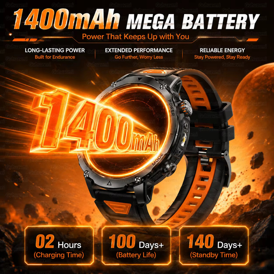 GUHUAVMI Militär-GPS-Smartwatch für Herren mit 1,7 Zoll AMOLED-Bildschirm, 1400mAh Akku, 10ATM Wasserdicht, SOS-Anruf und Taschenlampe, kompatibel mit iOS, Schwarz/Orange - Bild 2