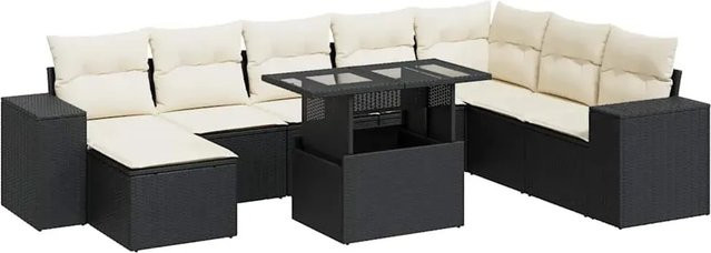 vidaXL 9-tlg Garten-Sofagarnitur in L-Form aus Poly-Rattan mit Kissen in Schwarz und Cremeweiß - Bild 1